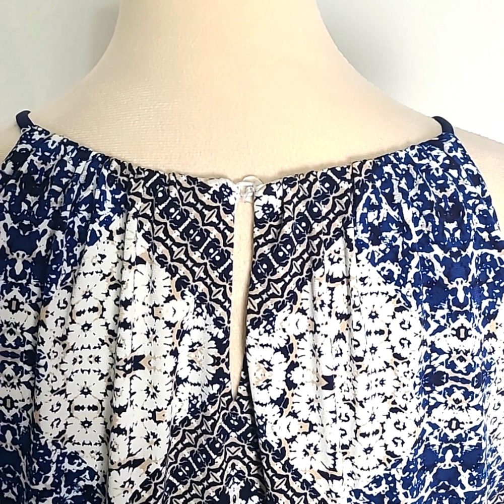London Times Elegant Navy & White Print Maxi-Dress, Spaghetti Straps, Size 14 - Picture 8 of 10
